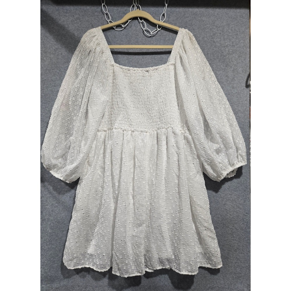 Arula Womens White Smocked Mini Dress Plus Size B 2XL Glitter Star Puff Sleeve - Picture 5 of 8